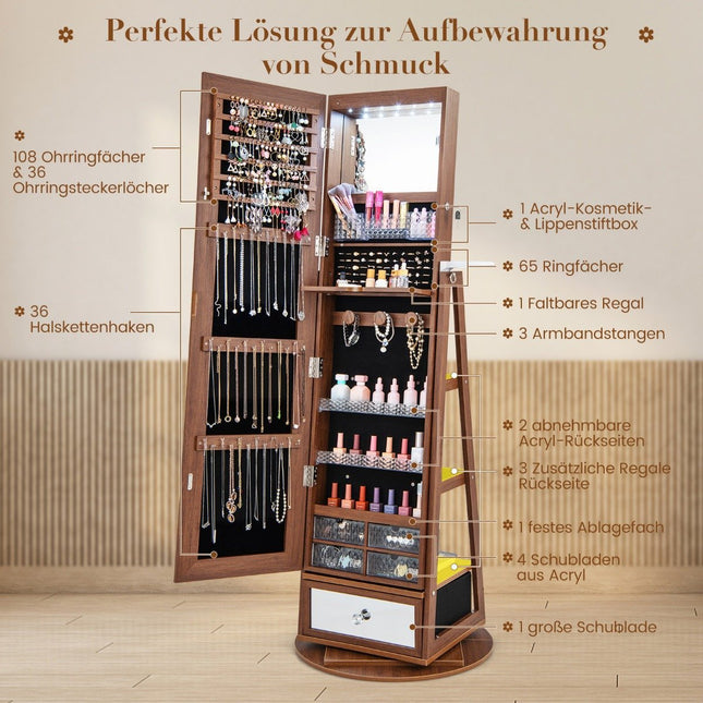 Jewelry cabinet 360° rotating mirror cabinet with full-length mirror 140 x 37 cm brown