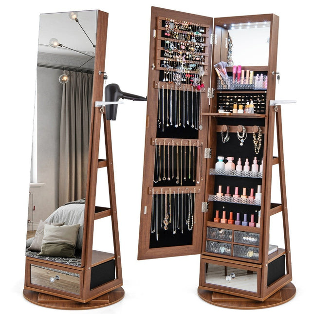 Jewelry cabinet 360° rotating mirror cabinet with full-length mirror 140 x 37 cm brown