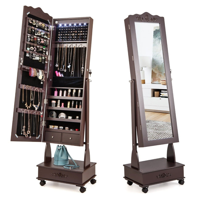 Jewelry cabinet mirror cabinet with full-length mirror & drawers & LED brown