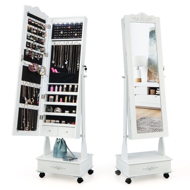 Jewelry cabinet mirror cabinet with full-length mirror & drawers & LED white
