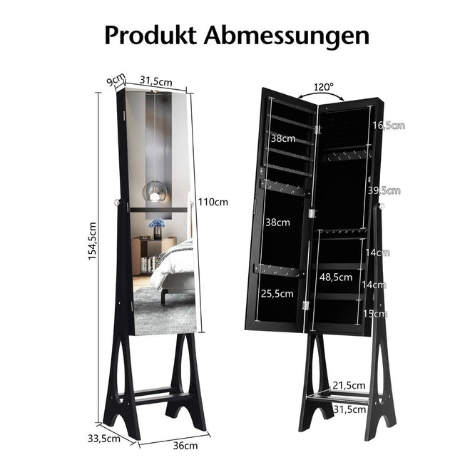 Jewelry cabinet standing mirror 2 in 1 full-length mirror with 12 LEDs 36 x 33.5 x 154.5 cm black