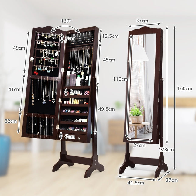 Jewelry cabinet with 14 LED lights & full length mirror jewelry shelf mirror cabinet brown