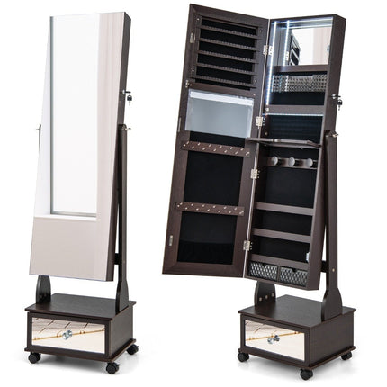 Jewelry cabinet with 3 mirrors & drawer & wheels & lights jewelry mirror brown