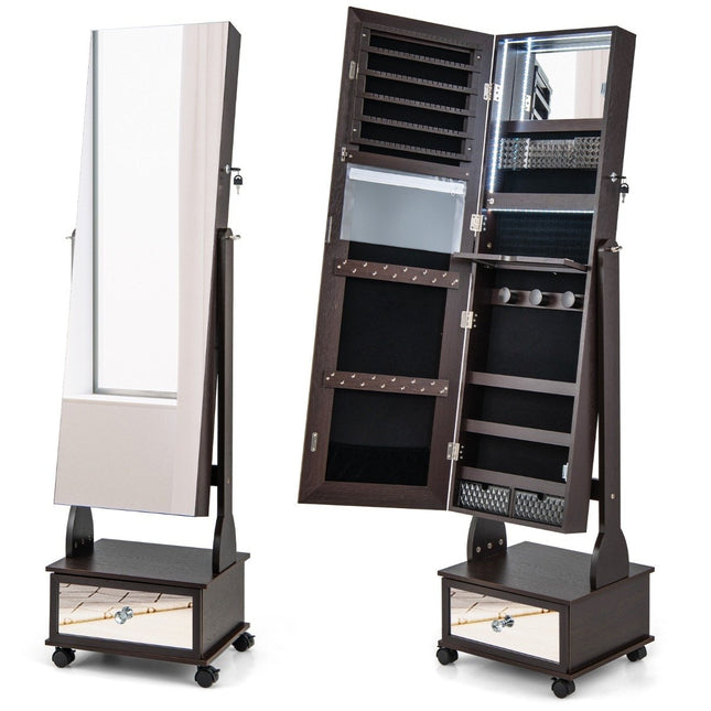 Jewelry cabinet with 3 mirrors & drawer & wheels & lights jewelry mirror brown