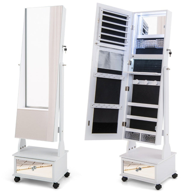 Jewelry cabinet with 3 mirrors & drawer & wheels & lights jewelry mirror white
