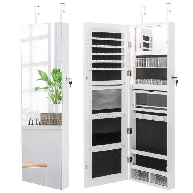 Jewelry cabinet with full-length mirror & 3-color lights on the wall/door white