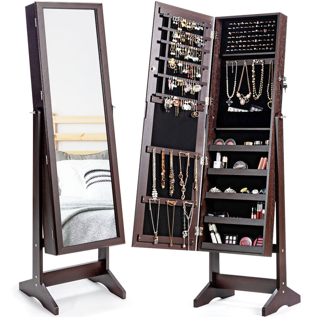Jewelry cabinet with full-length mirror, freestanding jewelry stand, 41 x 36.5 x 146 cm, brown
