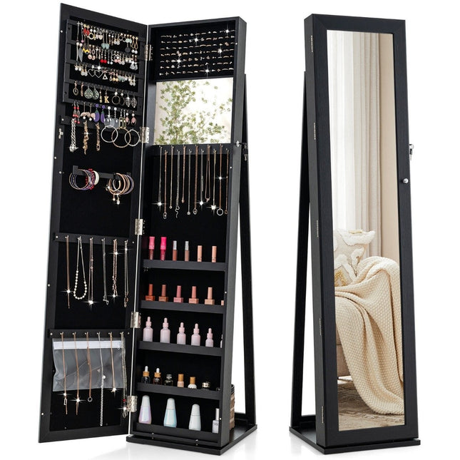 Jewelry cabinet with full-length mirror & integrated make-up mirror mirror cabinet black