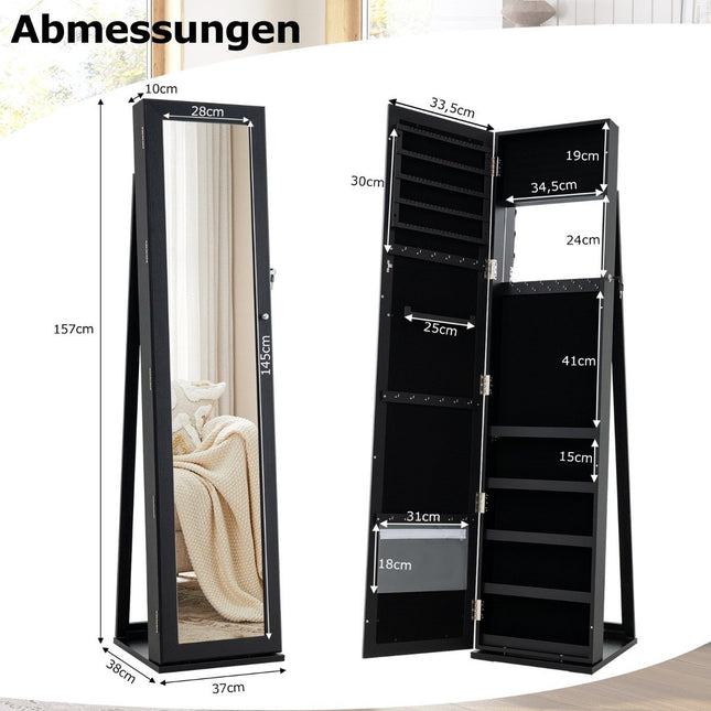 Jewelry cabinet with full-length mirror & integrated make-up mirror mirror cabinet black