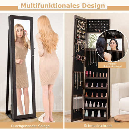 Jewelry cabinet with full-length mirror & integrated make-up mirror mirror cabinet dark coffee