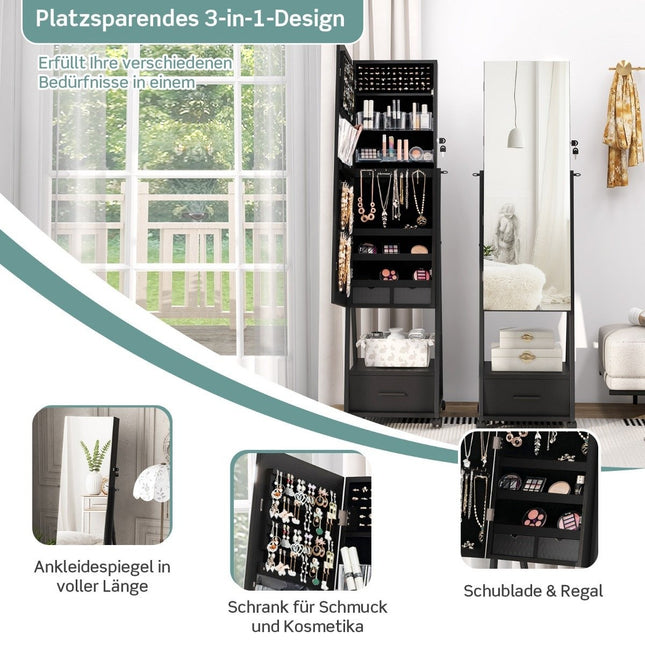 Jewelry cabinet with mirror Jewelry mirror cabinet with drawer 42 x 38 x 157 cm black