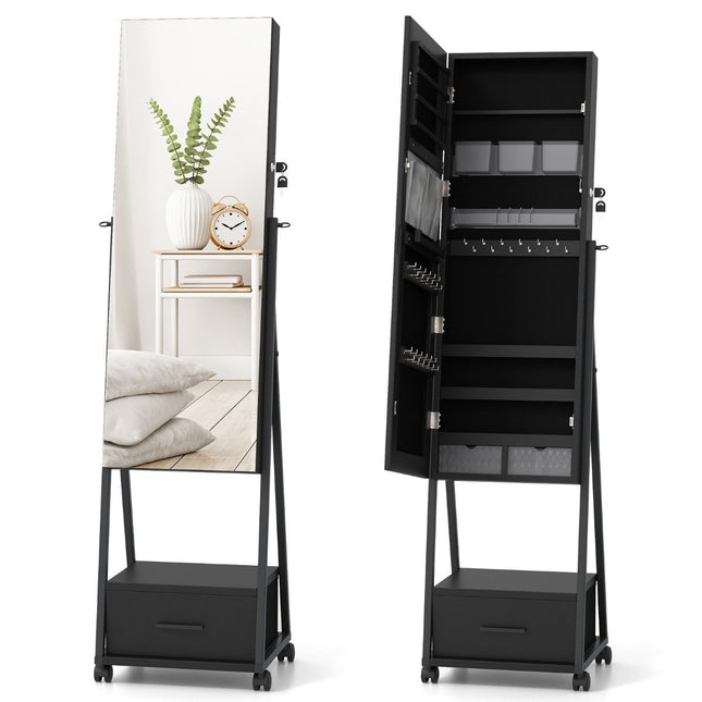 Jewelry cabinet with mirror Jewelry mirror cabinet with drawer 42 x 38 x 157 cm black