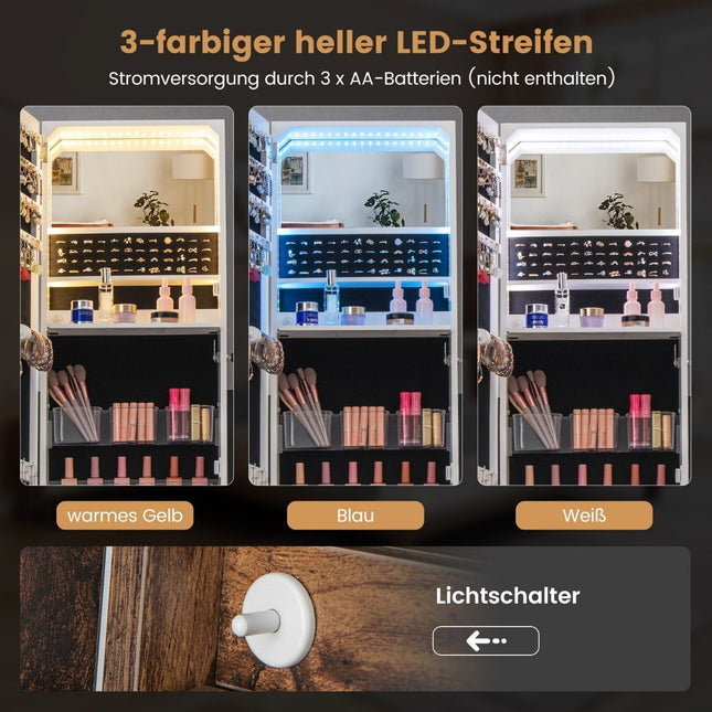 Jewelry cabinet with mirror Mirror cabinet lockable with 3 colored LED lights 41 x 35 x 166 cm brown