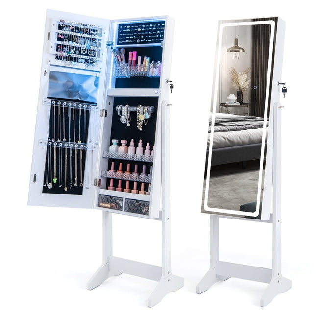 Jewelry cabinet with mirror &amp; 3-color LED lighting mirror cabinet jewelry shelf white