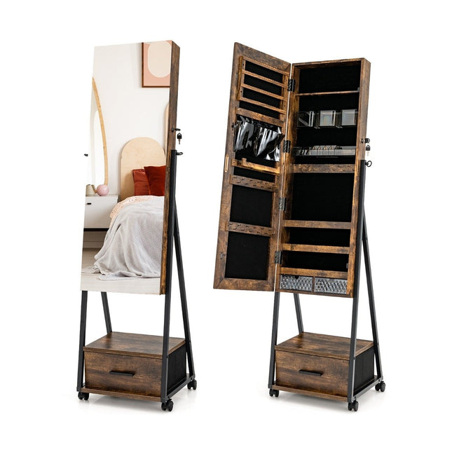 Jewelry cabinet with mirror & drawer Jewelry mirror cabinet on wheels brown
