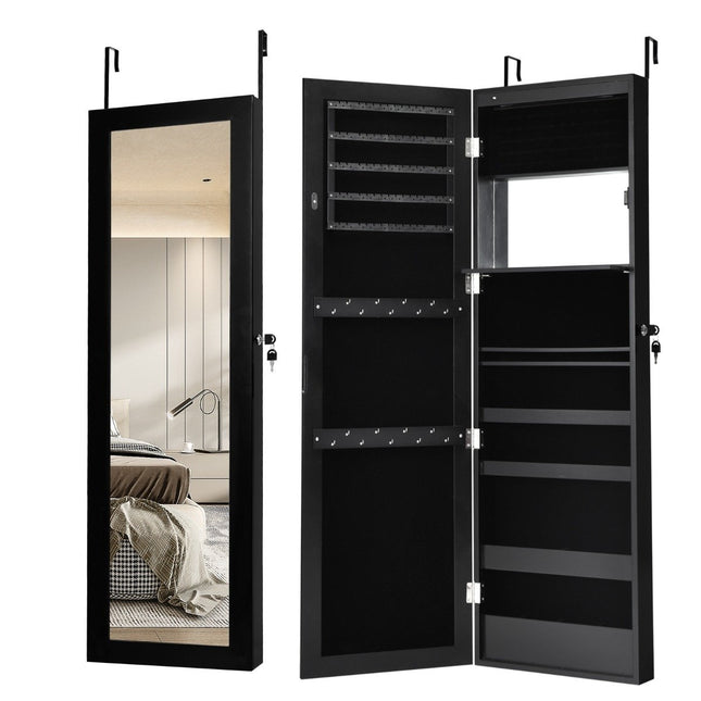 Jewelry cabinet with mirror & lined shelves, hooks & compartments, cosmetic cabinet, black