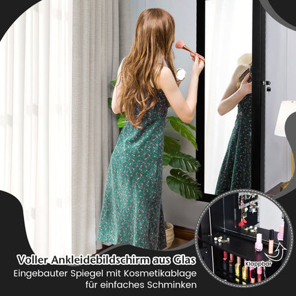 Jewelry cabinet with mirror & lined shelves, hooks & compartments, cosmetic cabinet, black