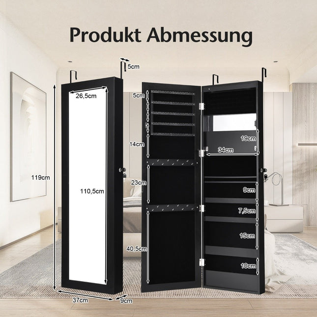 Jewelry cabinet with mirror & lined shelves, hooks & compartments, cosmetic cabinet, black