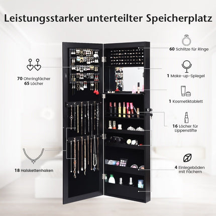 Jewelry cabinet with mirror & lined shelves, hooks & compartments, cosmetic cabinet, black