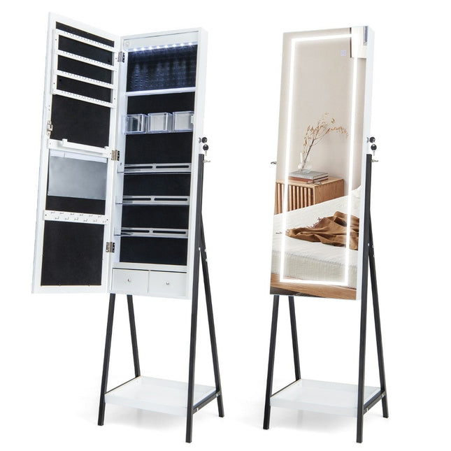 Jewelry cabinet with shelf & full-length mirror & 3 colored LED lights & 2 white drawers