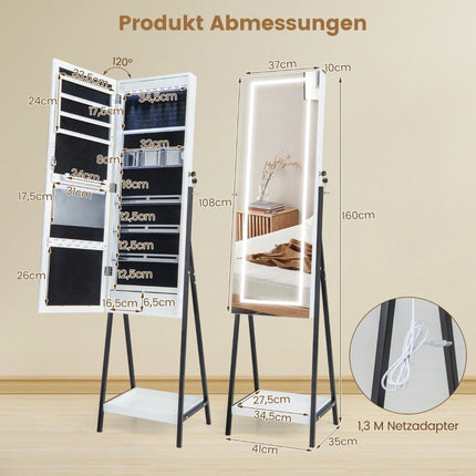 Jewelry cabinet with shelf & full-length mirror & 3 colored LED lights & 2 white drawers