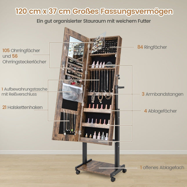 Jewelry cabinet with wheels 4 in 1 mirror cabinet with 3-color LED lights & adjustable height brown