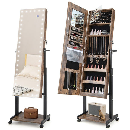 Jewelry cabinet with wheels 4 in 1 mirror cabinet with 3-color LED lights & adjustable height brown