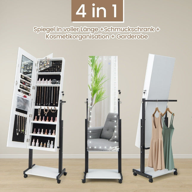 Jewelry cabinet with wheels 4 in 1 mirror cabinet with 3-color LED lights & adjustable height white