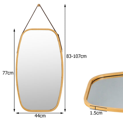 Jewelry mirror with bamboo frame and adjustable leather strap 77 x 44 x 1.5 cm
