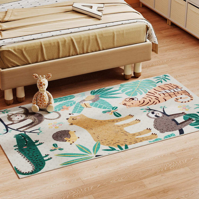 Jungle Pattern Fleece Rug, Easy-Care, Cream/Multi-Colored
