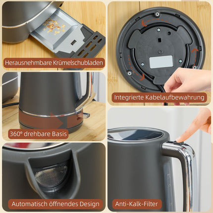 Kettle & Toaster Set, 1.7L, 6 Browning Levels, Gray