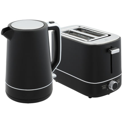 Ketel-broodroosterset 2200 W 1,7 liter waterkoker, 2 sneden broodrooster, 6 bruiningsniveaus, opwarmen en ontdooien, ontbijtset met kalkfilter en kruimelvak Zwart