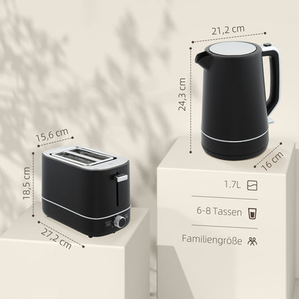 Ketel-broodroosterset 2200 W 1,7 liter waterkoker, 2 sneden broodrooster, 6 bruiningsniveaus, opwarmen en ontdooien, ontbijtset met kalkfilter en kruimelvak Zwart