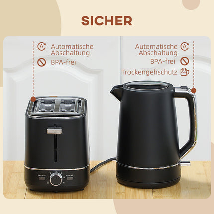 Ketel-broodroosterset 2200 W 1,7 liter waterkoker, 2 sneden broodrooster, 6 bruiningsniveaus, opwarmen en ontdooien, ontbijtset met kalkfilter en kruimelvak Zwart