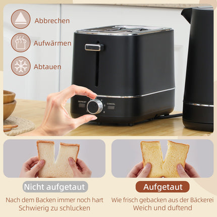 Ketel-broodroosterset 2200 W 1,7 liter waterkoker, 2 sneden broodrooster, 6 bruiningsniveaus, opwarmen en ontdooien, ontbijtset met kalkfilter en kruimelvak Zwart