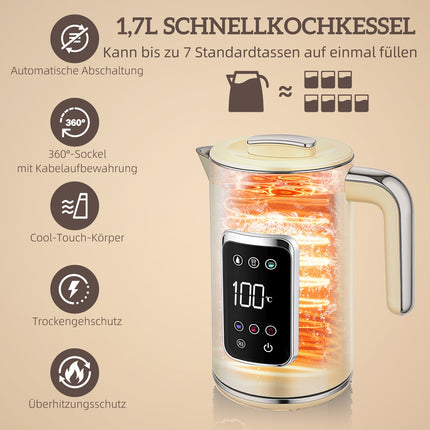 Kettle & Toaster Set, LED Touch, 1.7L, 2 Slots, Cream