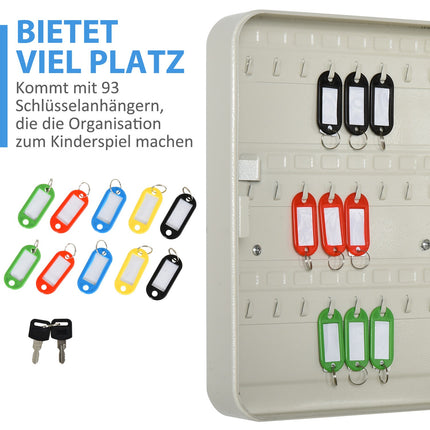 Lockable steel key cabinet, 93 hooks, cream white, 30x24x7.5 cm