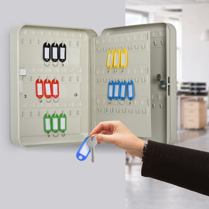 Lockable steel key cabinet, 93 hooks, cream white, 30x24x7.5 cm