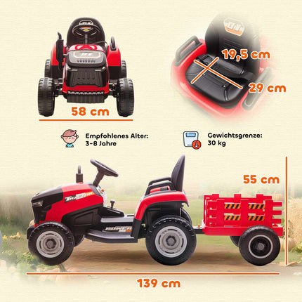 Kids 12V Electric Ride-On Tractor With Remote, Trailer, Red