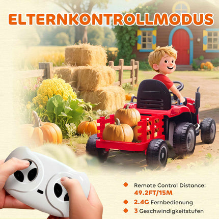 Kids 12V Electric Ride-On Tractor With Remote, Trailer, Red