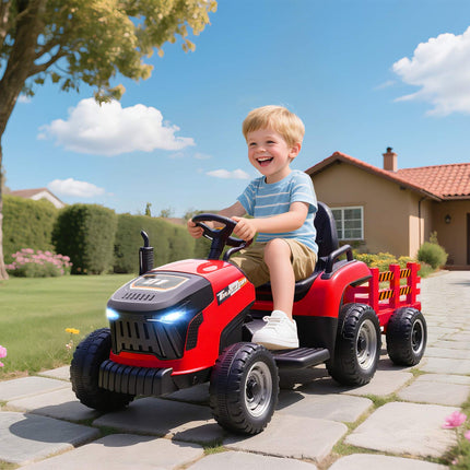 Kids 12V Electric Ride-On Tractor With Remote, Trailer, Red