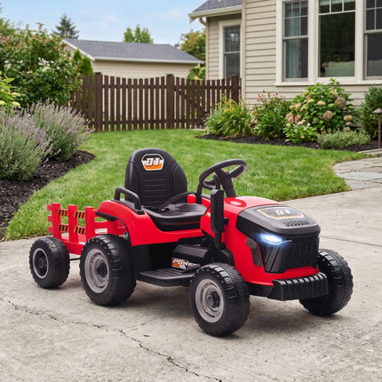 Kids 12V Electric Ride-On Tractor With Remote, Trailer, Red