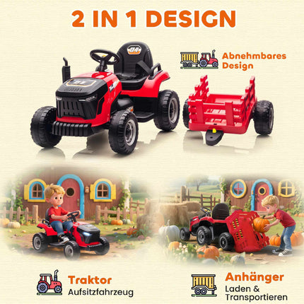 Kids 12V Electric Ride-On Tractor With Remote, Trailer, Red