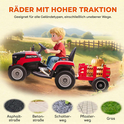 Kids 12V Electric Ride-On Tractor With Remote, Trailer, Red