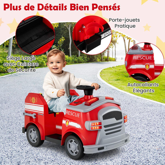 Kids 12V Ride-On Fire Truck, Lights, Sounds, Helmet