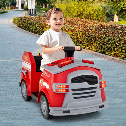 Kids 12V Ride-On Fire Truck, Lights, Sounds, Helmet