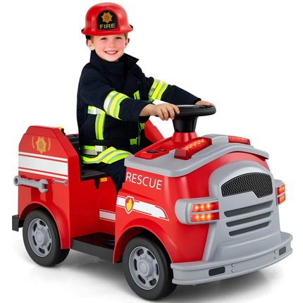 Kids 12V Ride-On Fire Truck, Lights, Sounds, Helmet