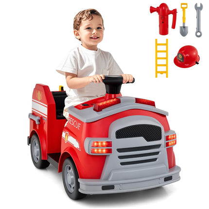 Kids 12V Ride-On Fire Truck, Lights, Sounds, Helmet