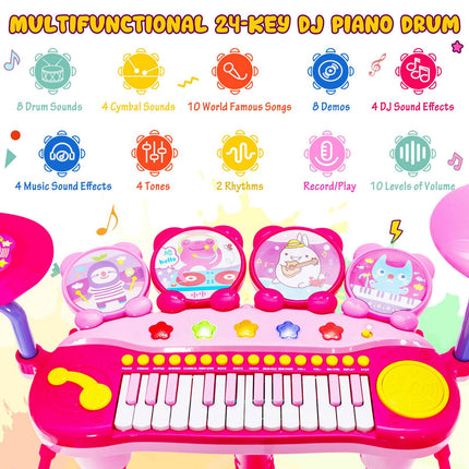 Kids 24-Key Keyboard Drum Set With Mic, MP3, Stool