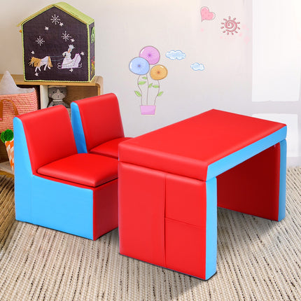 Kids 2-In-1 Sofa Set, Storage, Wooden Frame, Red